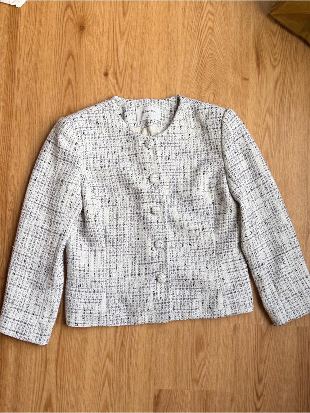 Aritzia Babaton Ivory Tweed Button-Front Top with Lilac Accents